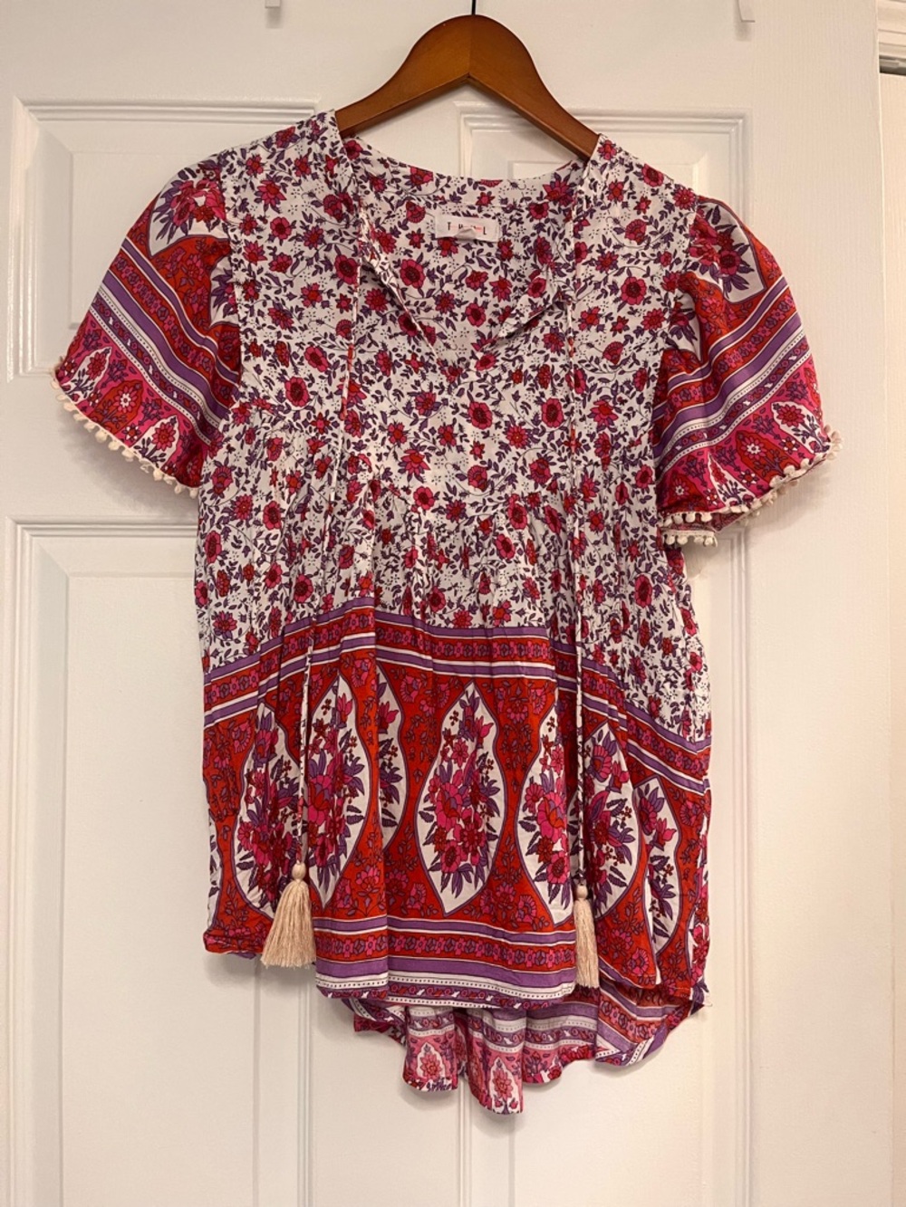 THML Red & Pink Boho Tassel Short Sleeve Blouse M
